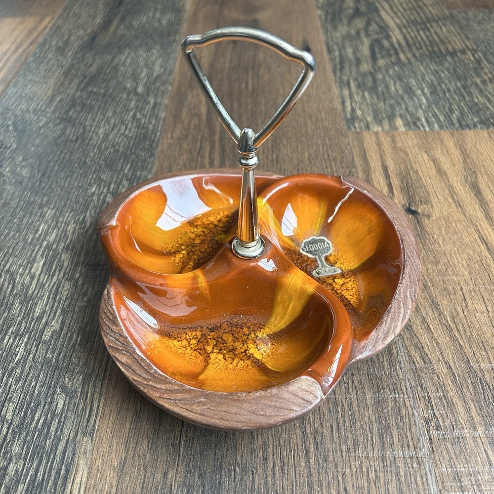 Vintage MCM Sequoia Ware Orange Drip 3 Section Nut Candy Dish #618